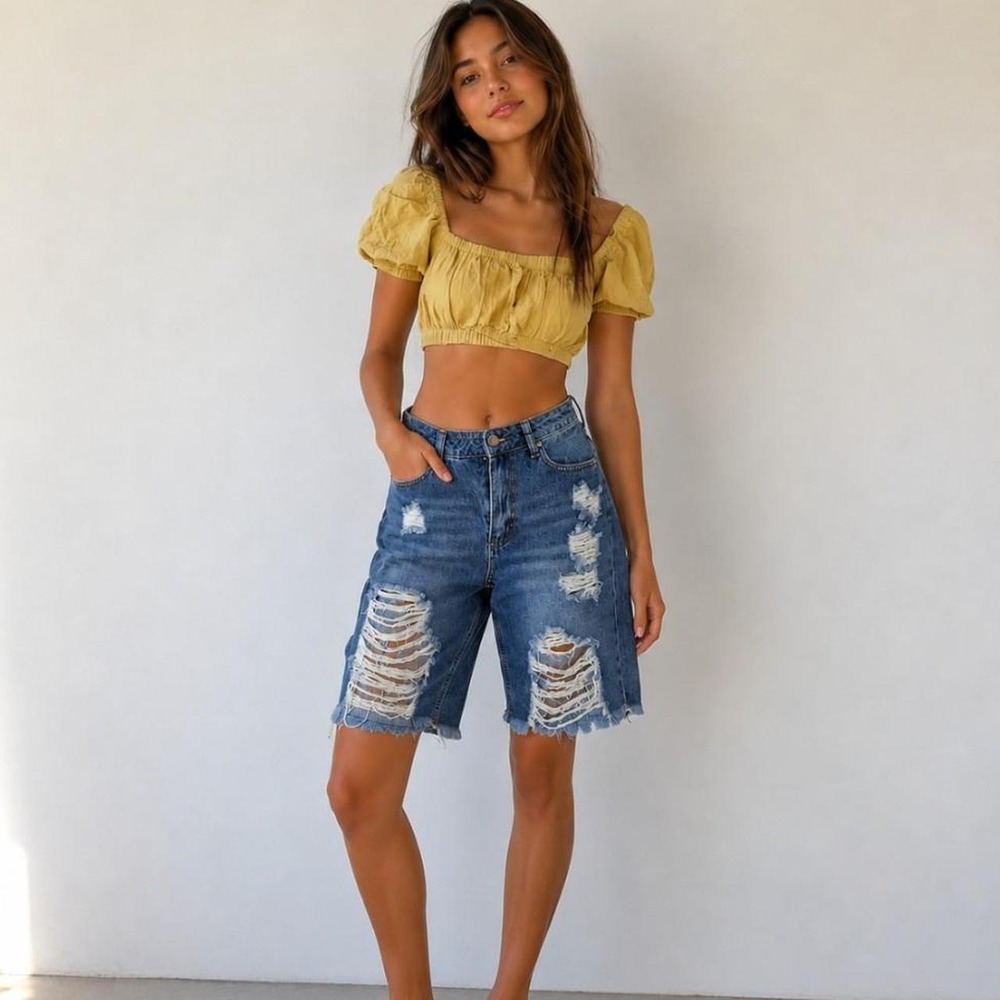 Almost Famous & Fashion Nova Set Womens 5/S Blue Yellow Distressed Bermuda Crop‎